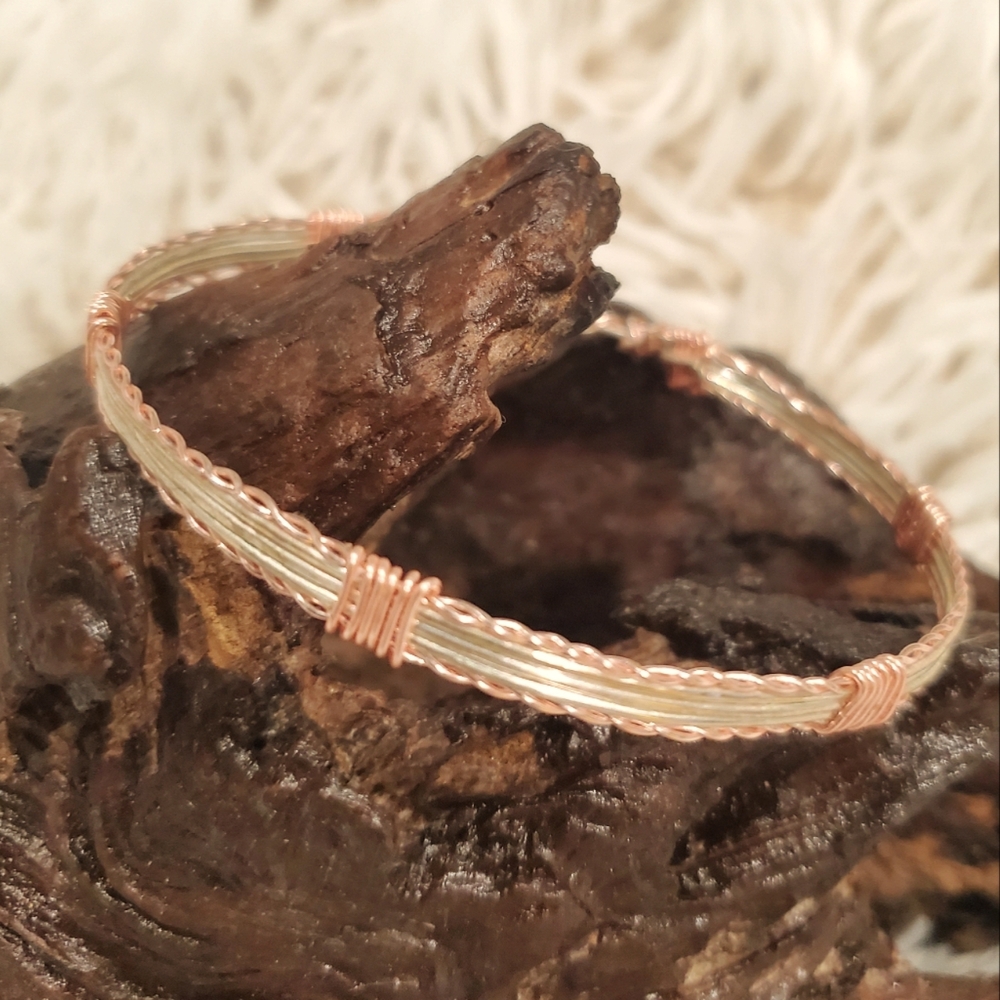 Two-Tone Wirewrapped Bracelet - Pink and Silver Wire Bangle - Stackable Bracelet